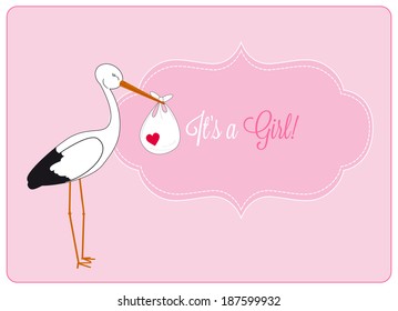 baby girl announcement card, stork brings bundle on light pink background