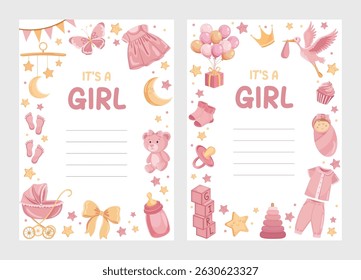Baby girl announcement greeting card with pink elements and congratulations message for newborn celebration and baby shower decoration