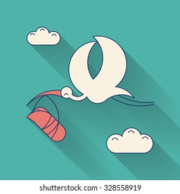 Baby girl announcement illustration. Stork with newborn baby flat thin line long shadow maternity icon.