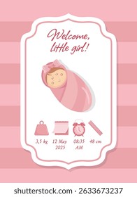 Cartaz de anúncio de menina com detalhes de nascimento e ilustrações em plano rosa. Perfeito para decoração de berçário ou design de cartão de celebração