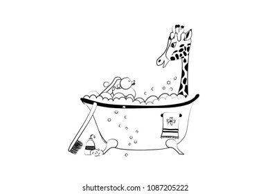 Baby girl arrival announcement card with cute little hand drawn giraffe in bath - vector illustration isolated on white background