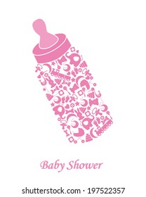 Baby girl arrival announcement card. baby bottle