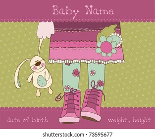 Baby girl arrival announcement card with plush rabbit