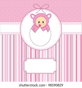Baby girl arrival announcement card. Baby within an egg