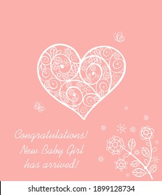 Baby girl arrival announcement pastel pink card with lacy heart shape