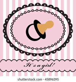 Baby girl arrival announcement retro card. Vector illustration.