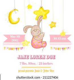 Baby Girl Arrival Card with Bunny and Stars in vector