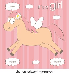 Baby girl arrival card with horse with wings in bright colors. baby shower.vector illustration.
