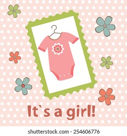 Baby girl arrival card. New baby girl arrival announcement card. Vector illustration