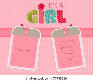 Baby Girl Arrival Card with Photo Frame in vector