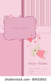 Baby Girl Arrival Card with Photo Frame and place for your text in vector