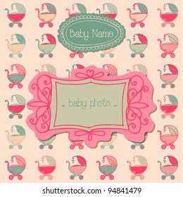 Baby Girl Arrival Card with Photo Frame and place for your text in vector