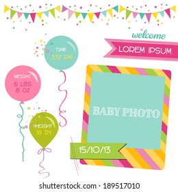 Baby Girl Arrival Card - with place for your text and photo -  in vector