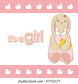 Baby girl arrival card with rabbit. baby shower.vector illustration.