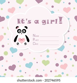 Baby girl arrival card. Baby shower card. Newborn baby card with panda and colorful hearts. Vector illustration. The text is drawn, the text can be removed.