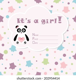 Baby girl arrival card. Baby shower card. Newborn baby card with panda and colorful silhouettes owls. Vector illustration. The text is drawn, the text can be removed.