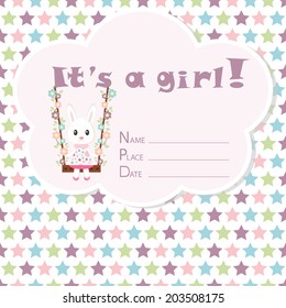 Baby girl arrival card. Baby shower card. Newborn baby card with rabbit and colorful stars. Vector illustration. The text is drawn, the text can be removed.