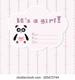 Baby girl arrival card. Baby shower card. Newborn baby card with panda and colorful ribbon with bows and circles. Vector illustration. The text is drawn, the text can be removed.