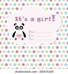 Baby girl arrival card. Baby shower card. Newborn baby card with panda and colorful stars. Vector illustration. The text is drawn, the text can be removed.
