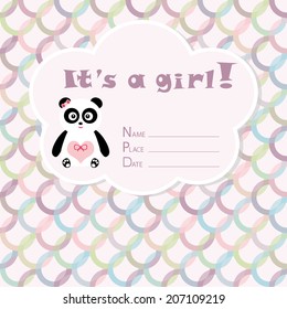 Baby girl arrival card. Baby shower card. Newborn baby card with panda and colorful circles. Vector illustration. 