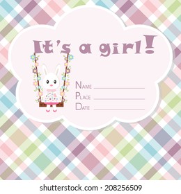 Baby girl arrival card. Baby shower card. Newborn baby card with rabbit and colorful cell. Vector illustration. The text is drawn, the text can be removed.