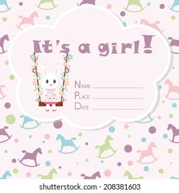 Baby girl arrival card. Baby shower card. Newborn baby card with rabbit and rocking horses. Vector illustration. The text is drawn, the text can be removed. 