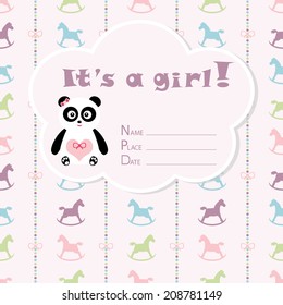 Baby girl arrival card. Baby shower card. Newborn baby card with panda, rocking horses and  bows on a colorful strips background. Vector illustration. The text is drawn, the text can be removed. 