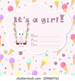 Baby girl arrival card. Baby shower card. Newborn baby card with rabbit, colorful ice cream and circles. Vector illustration. The text is drawn, the text can be removed. 