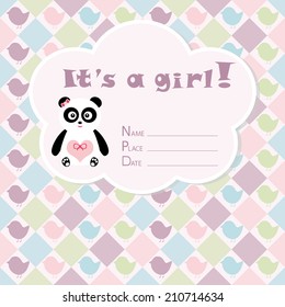 Baby girl arrival card. Baby shower card. Newborn baby card with panda, silhouette owls and rhombs. Vector illustration. The text is drawn, the text can be removed. 