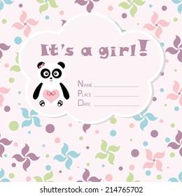 Baby girl arrival card. Baby shower card. Newborn baby card with panda, colorful pinwheels and circles. Vector illustration. The text is drawn, the text can be removed. 