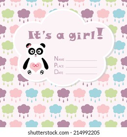 Baby girl arrival card. Baby shower card. Newborn baby card with panda and colorful clouds with drops. Vector illustration. The text is drawn, the text can be removed.