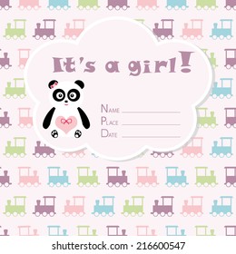 Baby girl arrival card. Baby shower card. Newborn baby card with panda and colorful baby train. Vector illustration. The text is drawn, the text can be removed. 