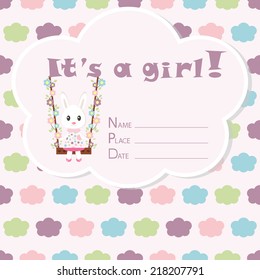 Baby girl arrival card. Baby shower card. Newborn baby card with rabbit and colorful clouds. Vector illustration. The text is drawn, the text can be removed. 