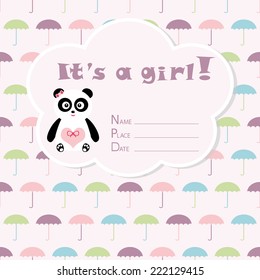Baby girl arrival card. Baby shower card. Newborn baby card with panda and colorful umbrellas. Vector illustration. The text is drawn, the text can be removed. 