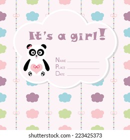 Baby girl arrival card. Baby shower card. Newborn baby card with panda, colorful clouds and bows on a colorful strips background. The text is drawn, the text can be removed. 