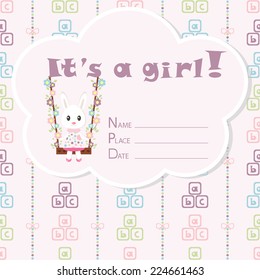 Baby girl arrival card. Baby shower card. Newborn baby card with rabbit, colorful baby cubes and bows on a colorful strips background. Vector illustration. The text is drawn, the text can be removed. 