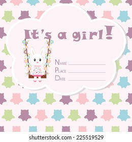 Baby girl arrival card. Baby shower card. Newborn baby card with rabbit and colorful owls (owlet). Vector illustration. The text is drawn, the text can be removed. 