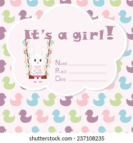 Baby girl arrival card. Baby shower card. Newborn baby card with rabbit and colorful ducks. Vector illustration. The text is drawn, the text can be removed. 