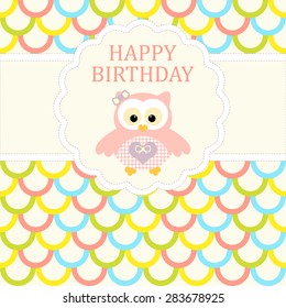 Baby girl arrival card. Baby shower card. Newborn baby card with baby owl and background with colorful circles. Vector illustration. The text is drawn, the text can be removed.