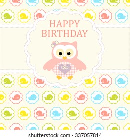 Baby girl arrival card. Baby shower card. Newborn baby card with baby owl and background with colorful snails in circles. Vector illustration. The text is drawn, the text can be removed.