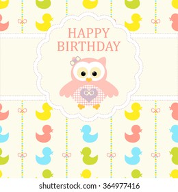 Baby girl arrival card. Baby shower card. Newborn baby card with baby owl and background with bows on a colorful strips background and colorful ducks. Vector illustration.