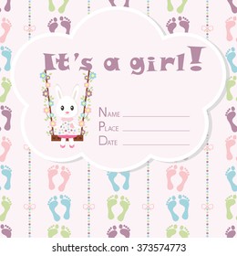 Baby girl arrival card. Baby shower card. Newborn baby card with rabbit, colorful baby footprints and bows on a colorful strips background. The text is drawn, the text can be removed. 