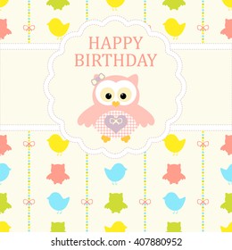 Baby girl arrival card. Baby shower card. Newborn baby card with baby owl and background with bows on a colorful strips background and colorful birds and owls. Vector illustration.