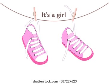 Baby girl arrival greeting card. Baby shoes vector background