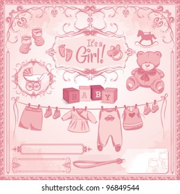 Baby Girl Arrival Set, Birth Announcement, Baby Shower Invitation