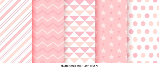 Baby girl backgrounds. Cute seamless pattern. Pastel pink geometric textures. Childish prints with zigzag, candy cane stripes, triangles, polka dot and star. Set of kids backdrops. Vector illustration