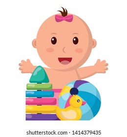 baby girl with ball duck and pyramid  toys vector illustration