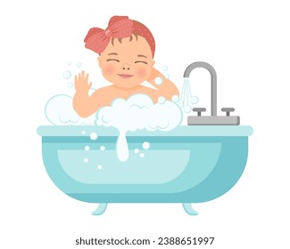 Baby girl in a bath with foam. Baby shower illustration. Design of children's hygiene products. Vector