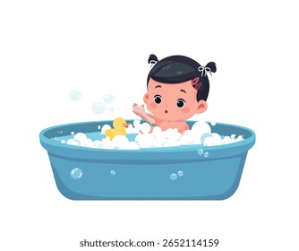 baby girl bathing with rubber duck cartoon vector illustration
