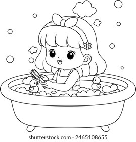 Baby girl in bathroom taking a shower coloring page clipart cartoon character. Child doing daily routine vector illustration.